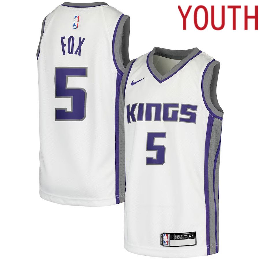Youth Sacramento Kings 5 De Aaron Fox Nike White Swingman NBA Jersey